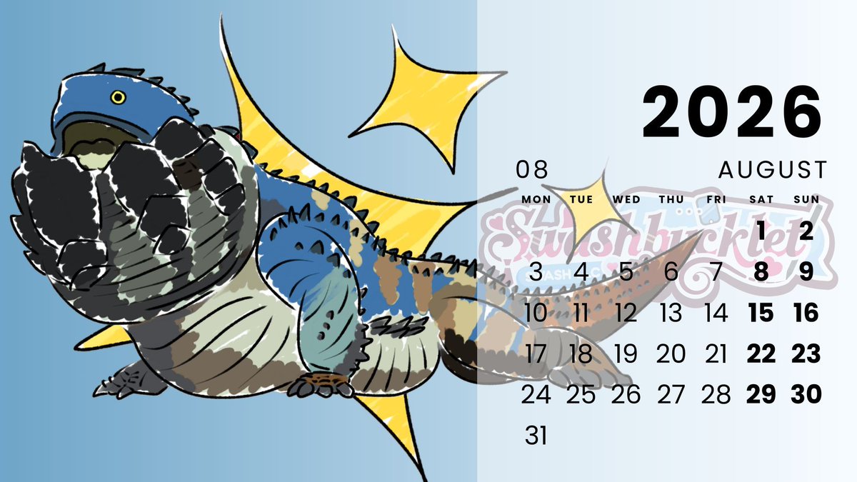 swashbucklet's tweet photo. Another month, another calendar (feat. my FAVORITE monster: Dodogama)! 🩷

Happy August! https://t.co/ho9za1i8Bz