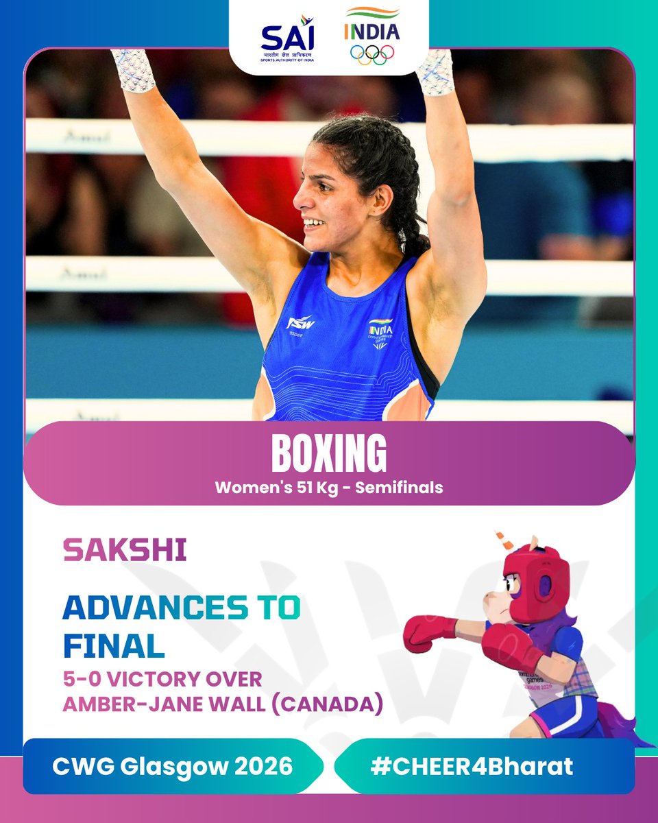 Media_SAI's tweet photo. Result Update🚨: Boxing, Women's 51kg - Semifinal

TOPS Development athlete Sakshi advances to the final!

Sakshi secured a dominant 5-0 unanimous decision victory over Amber-Jane Wall of Canada to book her place in the final.

She will now compete for glory on 1 August 2026 at 9:00 PM IST.

#Cheer4Bharat #CWG2026 #Glasgow2026