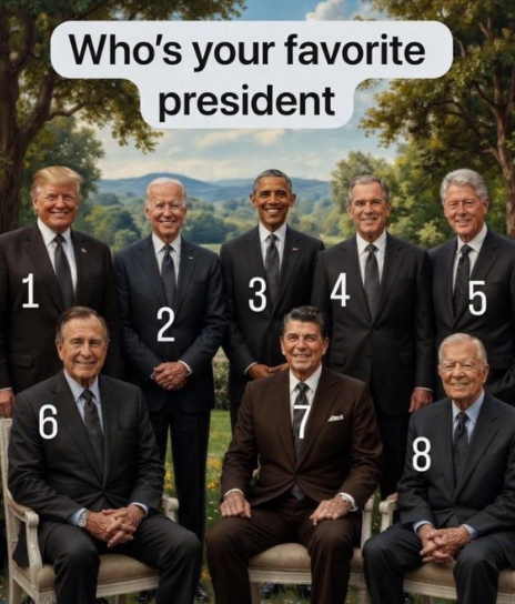 Wennie9mt77's tweet photo. Who’s your favorite president? 
1.  Donald Trump 
2.  Joe Biden
3.  Barack Obama 
4.  George W. Bush 
5.  Bill Clinton 
6.  George H. W. Bush 
7.  Ronald Reagan
8.  Jimmy Carter https://t.co/otZHuu3jIr