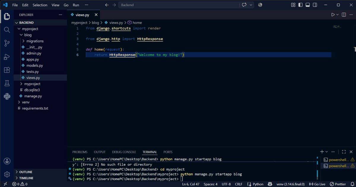 Oc_paschal_code's tweet photo. Day 15 Learning Backend (Python)

I didn't do much today, but I showed up anyways.

Today, I learned about Django apps, URLs, and Views.  How apps are created, how views handle requests, and how URLs connect users to different pages in a Django project. https://t.co/6QYWrAHrZw