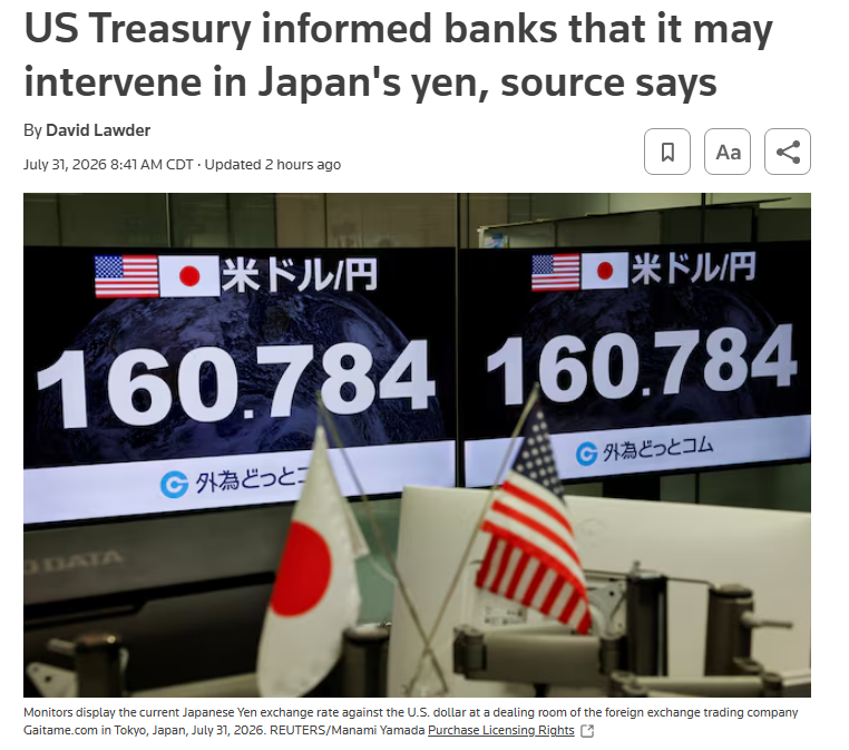 Barchart's tweet photo. U.S. Treasury may intervene to save the Japanese Yen today 🚨 Banks were warned to stay on high alert for future action 👀 https://t.co/dx7D86FH6s