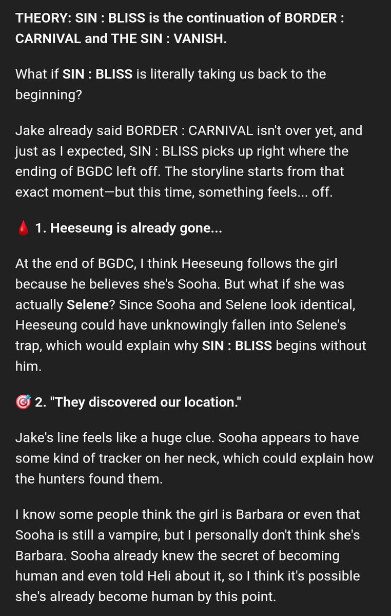 sunoolove7's tweet photo. The Missing Piece of THE SIN : BLISS?

Heeseung's disappearance, Selene's trap, Sooha's tracker, the shattered glass, the missing black smoke... and how BORDER : CARNIVAL, THE SIN : VANISH, and THE SIN : BLISS might all be connected.

Here's my full theory...↓ https://t.co/DznkD5Pk16