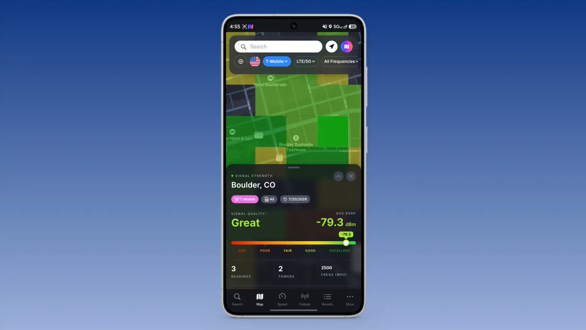 CoverageMapLLC's tweet photo. Signal Mapping is here! 🎉

Android users can now opt-in to passively log signal strength data as they move throughout the day. 

And everyone can now see the crowdsourced map of signal data!

Read the announcement: https://t.co/AgogEG1ygA https://t.co/kmkn8hEQph