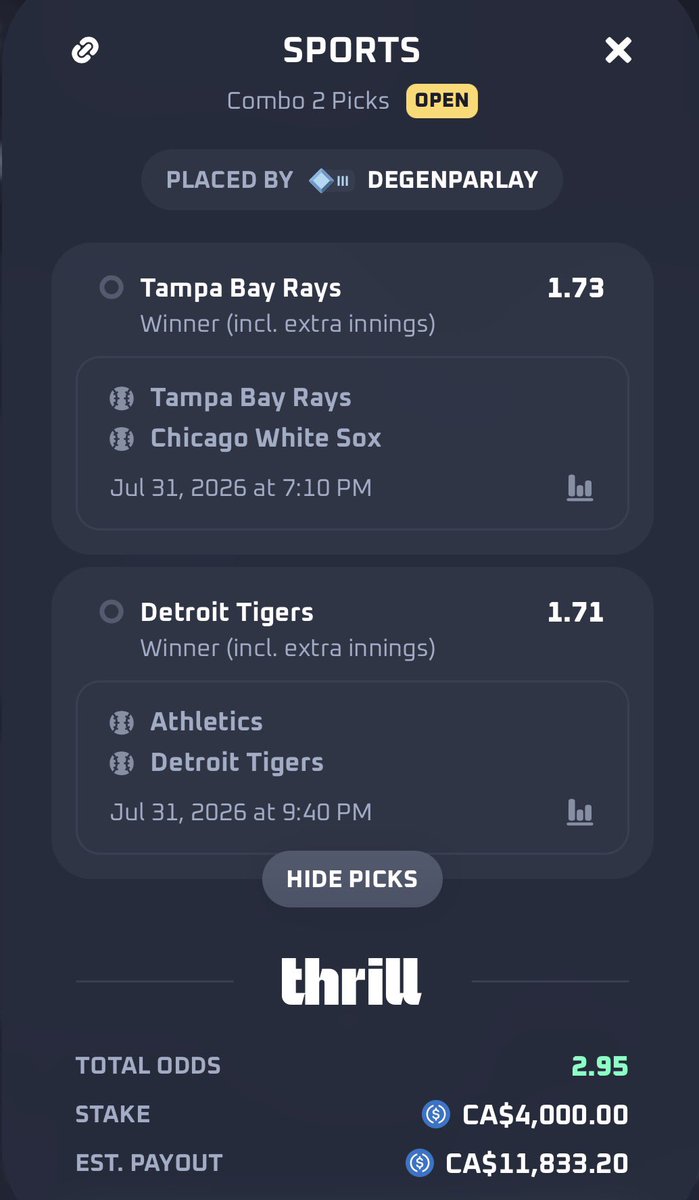 Degenparlay's tweet photo. The Boss @ByronThrill gave us money for a BIG sportsbet today 🔥🤝 @Thrill_com 

Giving away 9x 200$ = 1800$ if we hit ! 💰

Like, Repost and Comment “W Byron” with your Thrill 🆔

Good Luck 🍀

Bet 🆔 : SHvzmP3cGvle

⚾️ Rays ML
⚾️ Tigers ML https://t.co/akzuULlCE0