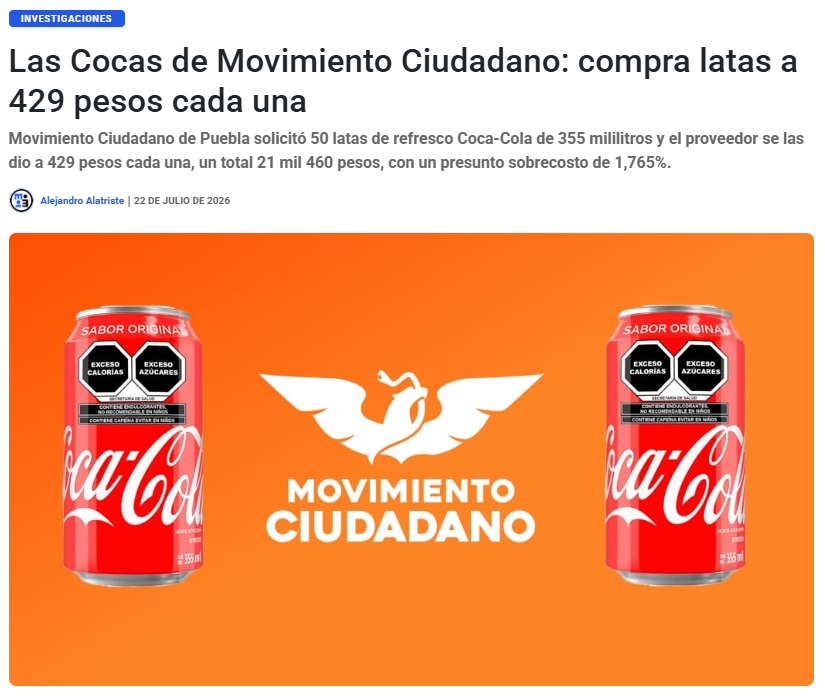 emeequis's tweet photo. 🔴 El negocio de la política a costa del erario: Movimiento Ciudadano en Puebla pagó 429 pesos por cada lata de refresco, un sobreprecio brutal de más del 1,765% respecto a su costo comercial. 🇲🇽💥🥤

https://t.co/YttjxBrEJm 
#MovimientoCiudadano #MCPuebla #GastoPúblico #FedrhaSuriano #EscrutinioPúblico
