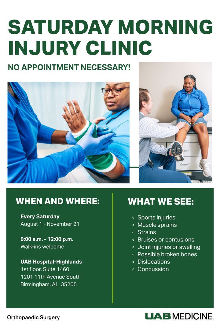 UABOrtho's tweet photo. Starting this Saturday, Aug. 1, the @UABMedicine Orthopaedic Surgery Saturday Morning Injury Clinic is open for walk-in care of acute injuries. No appointment necessary. https://t.co/wkaajqvHwg