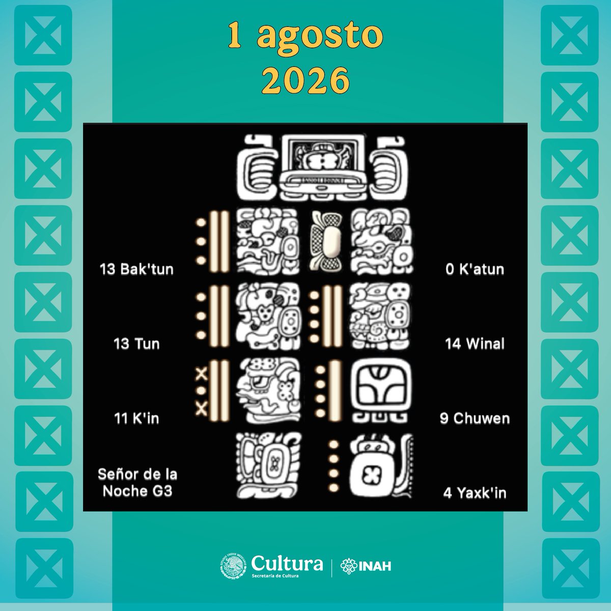 inahcampeche's tweet photo. 🔵La fecha de hoy sábado 1 de agosto en el sistema calendárico maya de cuenta larga. https://t.co/dENW8Yoias
