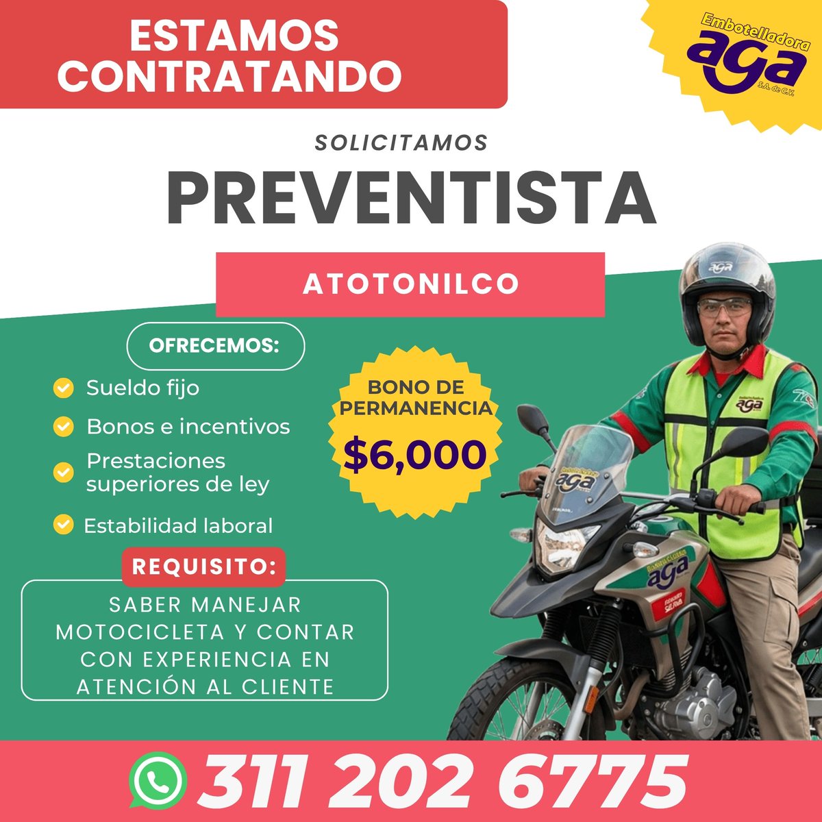 Accyonconsul's tweet photo. Embotelladora AGA solicita 𝗣𝗥𝗘𝗩𝗘𝗡𝗧𝗜𝗦𝗧𝗔 en 𝗔𝗧𝗢𝗧𝗢𝗡𝗜𝗟𝗖𝗢 𝗘𝗟 𝗔𝗟𝗧𝗢
Se requiere saber manejar motocicleta y experiencia en atención a clientes.
Postúlate al 𝟯𝟭𝟭 𝟮𝟬𝟮 𝟲𝟳𝟳𝟱

#Jalisco #Vacantes #Atotonilco https://t.co/dZV4JFpaqU