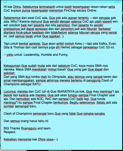 CXavierra's tweet photo. @haloakudhira Terimakasih kak Dhira, semoga selalu dikelilingi orang baik dan selalu dalam lindungan Tuhan YME. Aamiin.
Semangat rekan-rekan penikmat CoC dan cast CoC juga tim RG semuanya --ala orasi Thomas hwhw :D https://t.co/kfWyh6iq4k