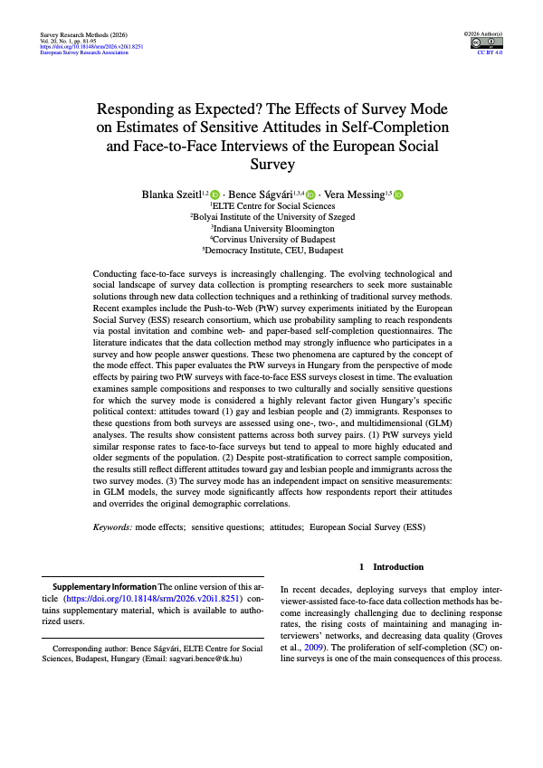 ESS_Survey's tweet photo. Research that compared responses in self-completion questionnaires and in-person interviews has been published by Survey Research Methods.

Blanka Szeitl, Bence Ságvári and Vera Messing (@css_budapest 🇭🇺) assessed mode effects for two sensitive questions.

https://t.co/uEKmBeoikn https://t.co/iHbgvOzHrI