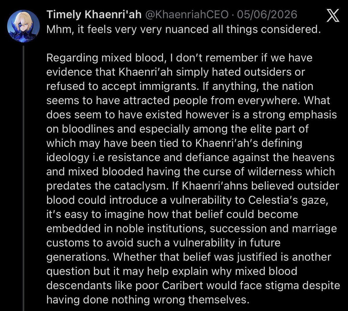 KhaenriahCEO's tweet photo. This could potentially explain why there is always such an emphasis on “pure-blooded” Khaenri’ahns. If Khaenri’ahns truly descend from the Tsaritsa and the Third Descender, then perhaps preserving the blood of a Descender running through their people was considered important especially among nobles and elites, which could explain why marrying outsiders was looked down upon in order to prevent the blood from becoming too diluted over generations.
