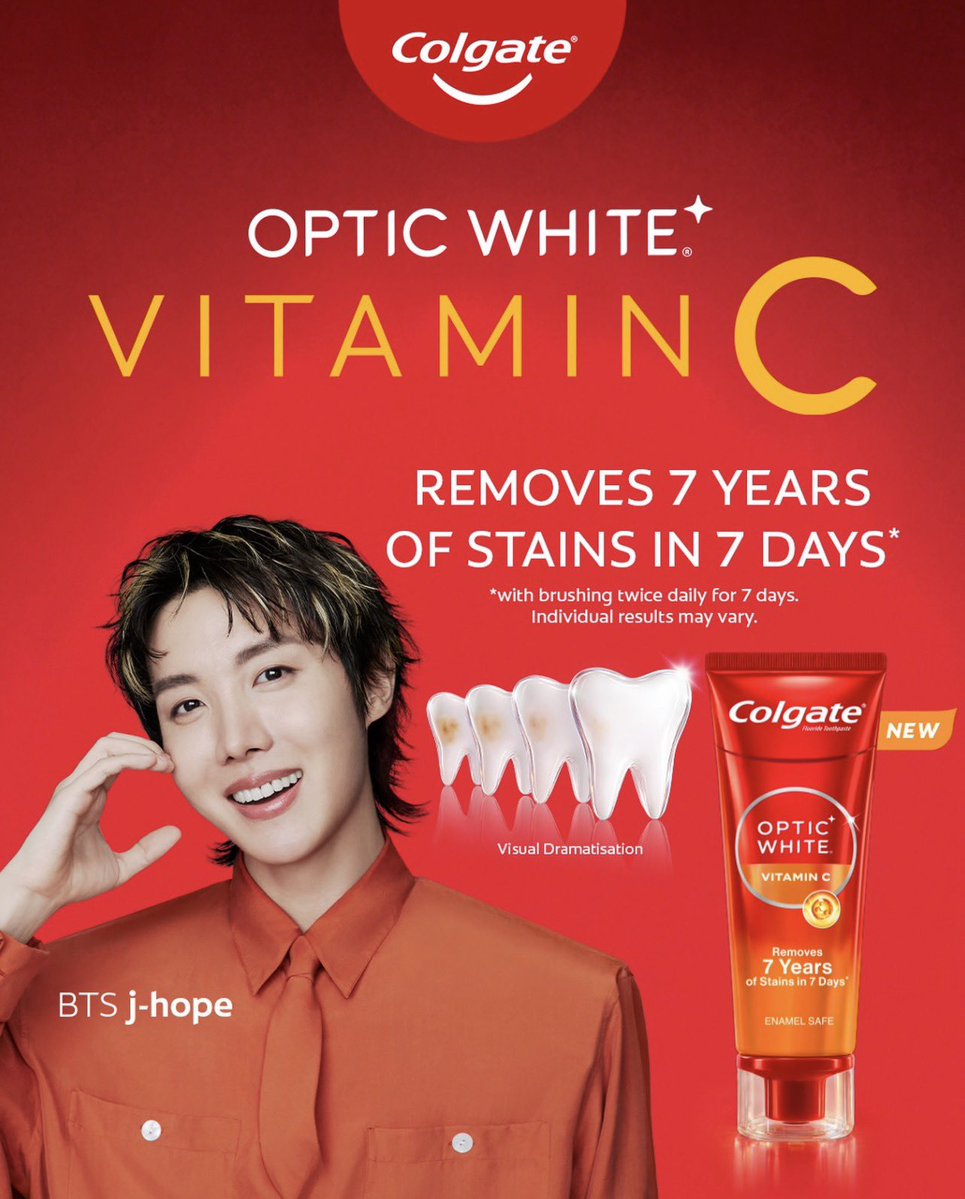 hoseokiepedia's tweet photo. Korean media reports on j-hope's new role as Colgate Optic White brand ambassador, even noting fans' lighthearted reactions that they're finally able to buy a product endorsed by j-hope:
"BTS's j-hope, famous for his "smile with perfect teeth," was selected as the new model for the global oral care brand Colgate, eliciting an enthusiastic response from fans, who asked, "Is there a more perfect combination than this?"
j-hope is currently active as a ambassador for luxury and premium brands such as Louis Vuitton, Audemars Piguet, and Samsung Galaxy. With his selection as Colgate's ambassador, he has become an "ambassador encompassing everything from premium to everyday life."
Source: https://t.co/nTxouoQpST