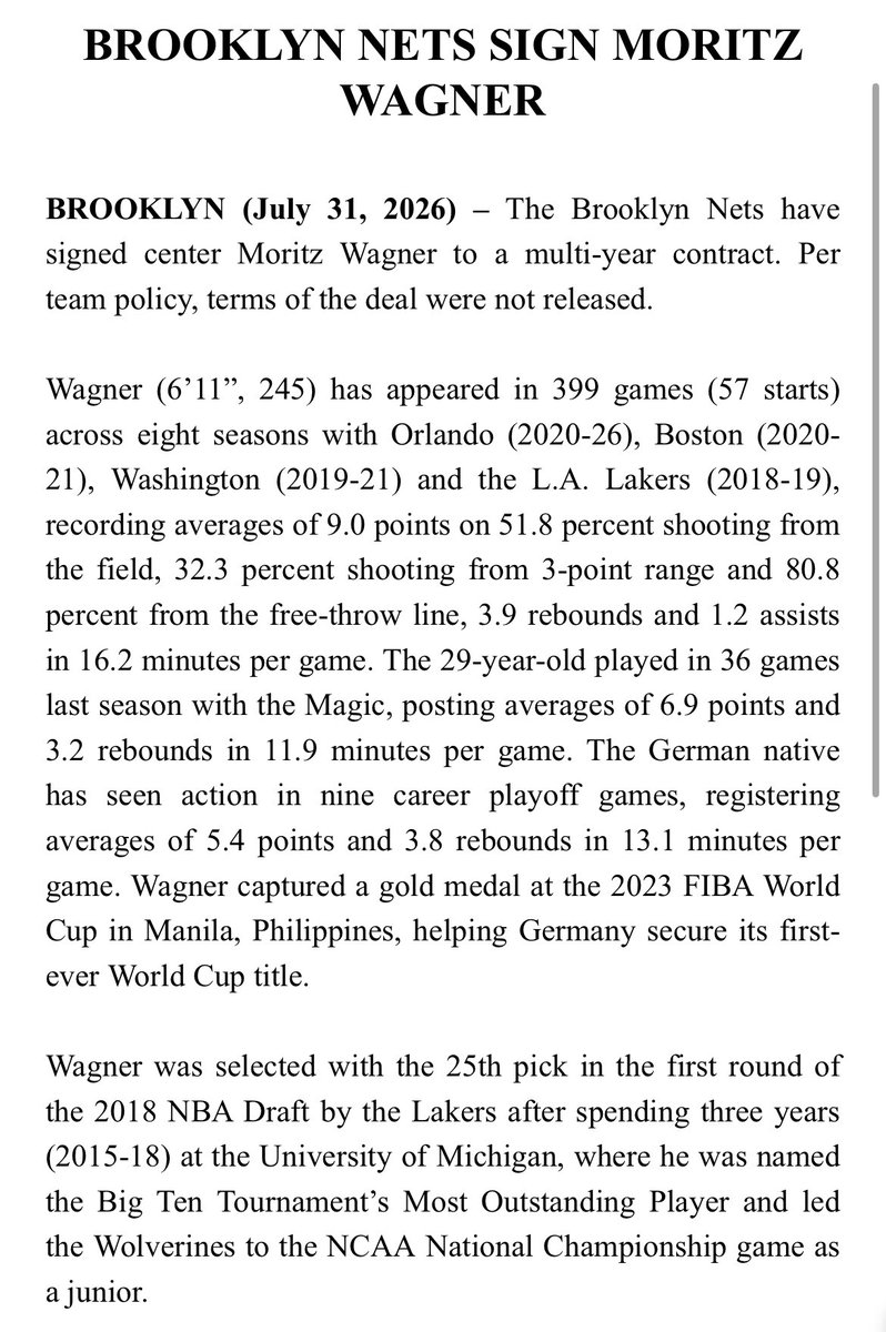 NYPost_Lewis's tweet photo. The #Nets officially completed the signing of Moe Wagner. #nba 👇🏾 https://t.co/GJeCaPtS1G