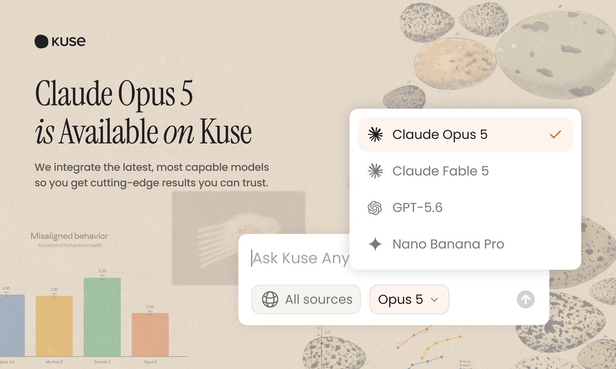 kuseHQ's tweet photo. Claude Opus 5 is now available on Kuse.

A stronger model should not be used only for chat.

In Kuse, it can work inside your files, projects, and workflows.

So complex tasks can actually move. https://t.co/Pln0H6dfun