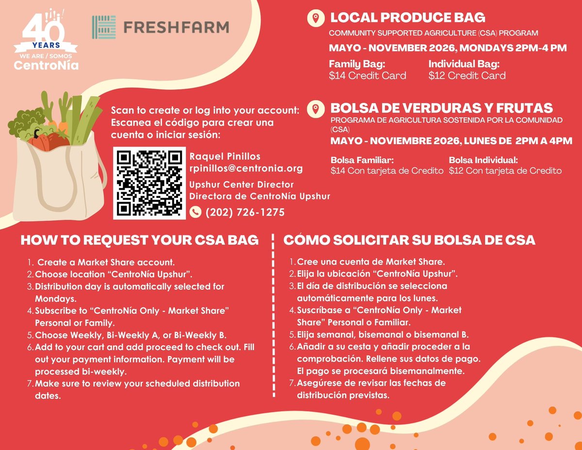 CentroNia's tweet photo. CentroNía families and staff 📢 Don't forget, you can sign up for a CSA bag today! 

Register for a CSA bag &amp; enjoy fresh fruits and vegetables from until November. 

Login or create a market share account by visiting https://t.co/YtnMuv5pDN.

#CSA #CentroNía #communitysupport https://t.co/MhRR6lWg83