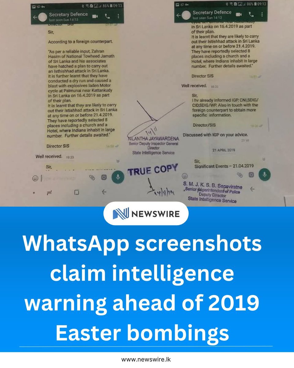 NewsWireLK's tweet photo. These WhatsApp messages, allegedly sent by the then State Intelligence Service (SIS) Director to the Defence Secretary ahead of the Easter Sunday attacks, have resurfaced after a Sri Lankan court sentenced former Defence Secretary Hemasiri Fernando and former IGP Pujith Jayasundara to death over their failure to act on intelligence warnings.

The messages reportedly warned of a possible attack targeting churches and hotels before April 21, 2019