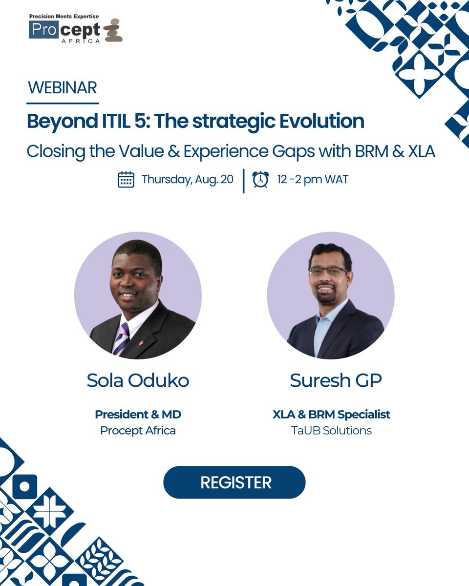 sparkberry3's tweet photo. ITIL 5 is here, and it's time to look beyond traditional ITSM.
Join Procept Africa's upcoming webinar to learn how BRM and XLA are closing the Value &amp; Experience Gaps in modern IT leadership.

Aug 20, 2026 | 12 PM WAT 
Register: https://t.co/DKVA8e2FTt

#ITIL5 #ITSM #ITStrategy https://t.co/WquJbjJNgh