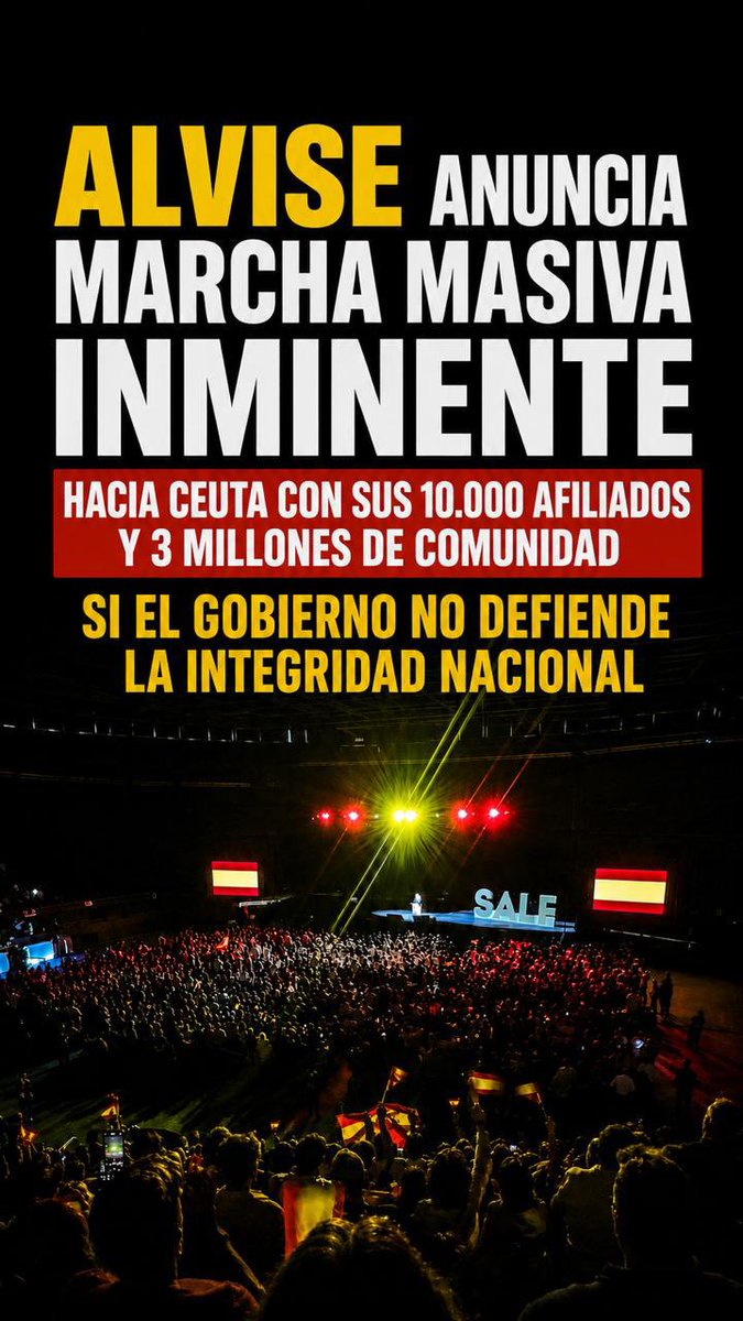 Alviseperez's tweet photo. Anunciamos el inicio de la organización de una MARCHA NACIONAL hacia Ceuta desde las principales provincias de la nación:

Nos ponemos a disposición del resto de partidos, y planificamos la coordinación de autobuses, barcos de pequeña y media eslora, y otros transportes para una marea española en Ceuta si no se deporta de forma inmediata a los 35.000 ilegales y se militariza el control fronterizo.

Una marcha rojigualda que apoye al Ejército en la expulsión inmediata y cierre de fronteras hasta su militarización.