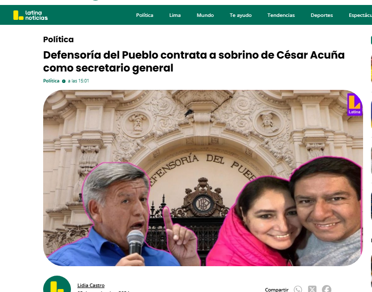 cviguria's tweet photo. El fujiacuñismo continúa? 

En El Peruano, se informó de la designación de Juan Carlos Gonzáles Hidalgo como secretario general del Ministerio de Salud, quien es el esposo de la sobrina de César Acuña, líder de APP y grupo aliado a los anteriores gobiernos, con fuerte presencia en el sector salud, como se ha informado anteriormente. En 2024, Latina reportó que la Defensoría del Pueblo de Josué Gutiérrez lo contrató como secretario general. No es el único funcionario que se viene designando que llega de la Defensoría. 

Resolución fue firmada por Luis Dyer, el jefe de personeros de Keiko Fujimori, sin experiencia en el sector salud pero a quien le dio el cargo por sus "dotes gerenciales" para bajar las colas. 

Se recuerda cómo estaba el sector salud en el norte? Y qué ocurría con el caso Horna?