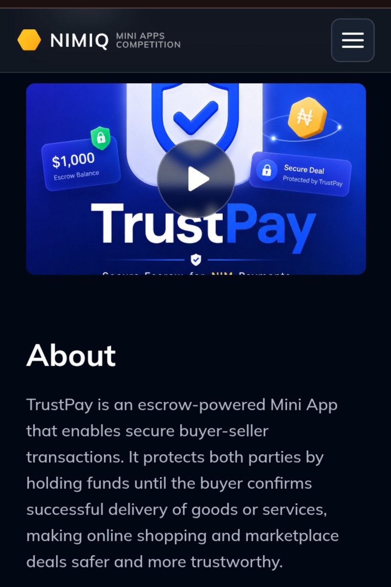 craxy220's tweet photo. Just successfully submitted my min iapp for cycle 1 of the @nimiq Mini Apps Competition
Introducing TrustPay an escrow-powered Mini App designed to make buyer-seller transactions safer and more trustworthy.
The concept is simple: funds are held securely until the buyer confirms successful delivery of the goods or services, helping protect both parties throughout the transaction.
I would have loved to share the full demo, but I think these screenshots give a better glimpse into what I built and the experience I was aiming for.
From the initial idea to building and finally submitting, it's been a great experience bringing TrustPay to life.
Excited to be part of Cycle #1 and looking forward to what's next.
TrustPay Secure Escrow for NIM Payments.
#Nimiq #TrustPay