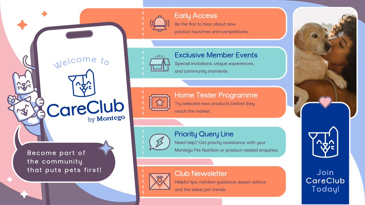 Montegopets's tweet photo. Introducing CareClub by Montego! 🐾

A FREE community where pet parents can get even closer to the Montego family. From exclusive opportunities to helpful pet content and member-only benefits, CareClub is designed with you and your pet in mind.

Sign up today in just three easy steps:

1. Sign up online – It's free and only takes a few minutes.
2. Tell us about your pet – We'll personalise your CareClub experience just for you.
3. Enjoy the benefits – Stay informed, unlock exclusive opportunities, and become part of a community that truly cares.

Join the Club for FREE today by clicking the link and signing up here: https://t.co/BHIOL1ID9O. #MontegoPetNutrition #MontegoCareClub #CareClub