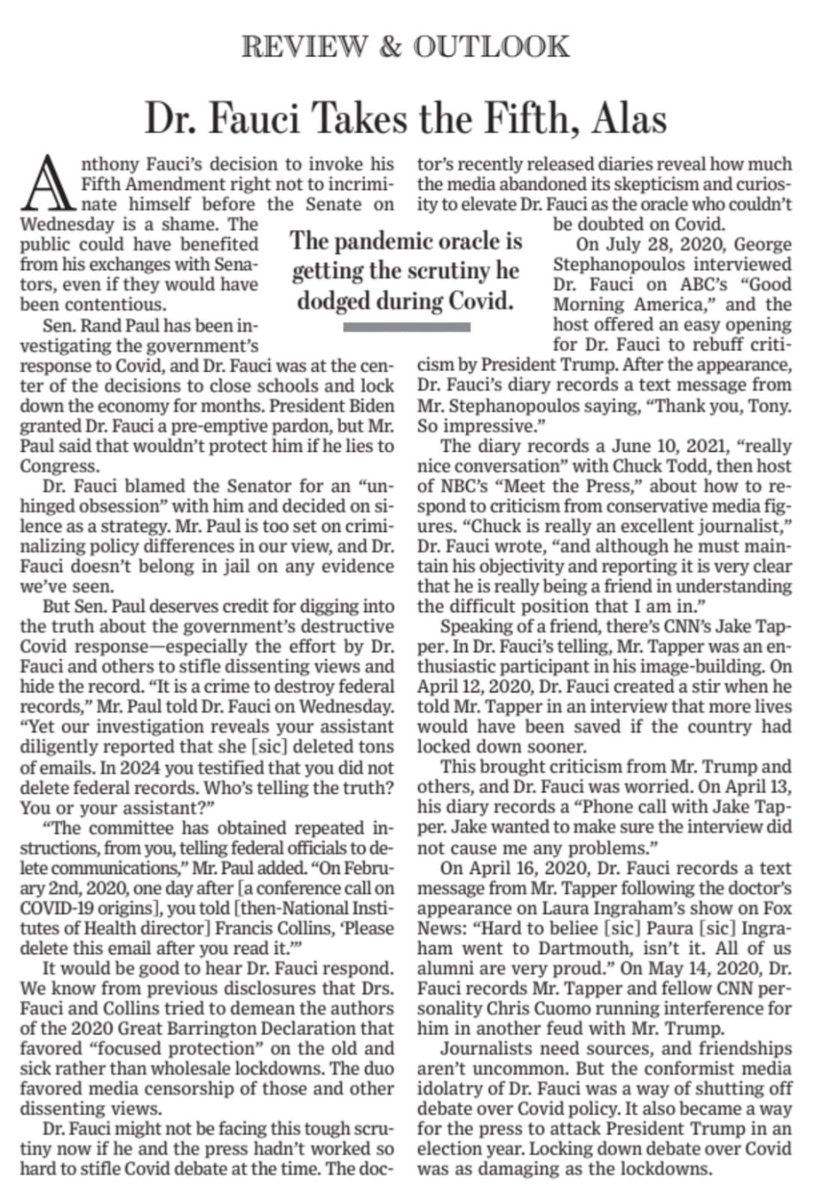 adrianosoares's tweet photo. COVID E A IMPRENSA. - Li os editoriais e a reportagem do Wall Street Journal sobre os diários de Anthony Fauci e seu depoimento ao Senado. Independente da posição que cada um tenha sobre a origem da Covid ou sobre as políticas adotadas na pandemia, há um ponto que me parece inescapável: o papel da imprensa.

O jornal sustenta que revelam que a imprensa e jornalistas tinham uma relação de excessiva proximidade com Fauci, havendo os que deliberadamente queriam ajudá-lo a silenciar os críticos, como parte dos principais jornalistas e apresentadores dos Estados Unidos. Em vez da postura tradicional de ceticismo, que é a essência do bom jornalismo, muitos profissionais teriam assumido a função de validar uma narrativa oficial, tratando questionamentos científicos legítimos como desinformação ou teoria conspiratória.

O problema não está em um jornalista concordar com uma autoridade pública. O problema surge quando deixa de exercer sua função essencial: perguntar, desconfiar, confrontar versões e permitir que hipóteses plausíveis sejam debatidas. A IMPRENSA no Brasil fez igual ou pior.

A ciência avança pelo escrutínio, não pelo silêncio. E a imprensa cumpre sua missão quando protege o debate público, não quando escolhe quais perguntas podem ou não ser feitas.

As informações reveladas pelos diários pode-se deixa a maior lição institucional, que talvez não seja sobre Anthony Fauci, mas sobre o perigo de qualquer imprensa abandonar a crítica para tornar-se porta-voz do poder. Quando isso acontece, perde a ciência, perde a democracia e perde, sobretudo, a confiança do público.

Os recentes documentos divulgados pelo Senado americano talvez não tenham como principal personagem Anthony Fauci. 

O verdadeiro protagonista é a imprensa. Qual jornal deu ampla divulgação à audiência de ontem? Onde está a Globo e o Jornal Nacional?

FOLHA, ESTADÃO, O GLOBO foram cúmplices acríticos das medidas de segregação das pessoas e destruição da atividade econômica: “A economia a gente vê depois!”. O jornalismo abandonou a atitude crítica que constitui sua razão de ser para assumir a defesa de uma narrativa oficial. 

O problema nunca foi discutir a hipótese da origem laboratorial da Covid. O problema foi transformar sua mera discussão em tabu. Em ciência, hipóteses são examinadas; não são interditadas. 

Em democracia, perguntas são respondidas; não são censuradas. 

O jornalismo existe para submeter o poder ao escrutínio, jamais para blindá-lo. 

Sempre que a imprensa deixa de investigar para proteger autoridades, sejam elas políticas, científicas ou judiciais, ela deixa de cumprir sua função constitucional e passa a integrar o próprio poder que deveria fiscalizar. É essa, a meu ver, a reflexão mais importante que esses textos suscitam.