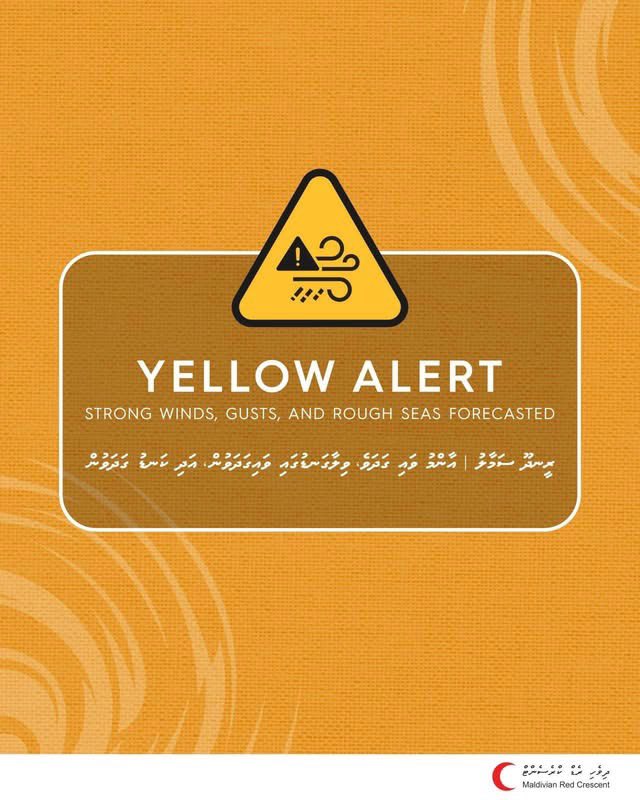 maldivianrc's tweet photo. ⚠️ Yellow Alert for strong winds, gusts and rough seas by @MetMaldives

Haa Alifu - Thaa Atoll
1930 - 0030hrs 

Precautionary measures advised.

⭕️Monitor weather alerts
⭕️Avoid sea travel &amp; secure moored sea vessels
⭕️Take caution driving on roads, highways, &amp; bridges. https://t.co/XdTMWWg37W