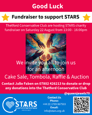BlackoutsTrust's tweet photo. Good luck to Thetford Conservative Club with their upcoming fundraiser in support of STARS! 💙

Thank you for choosing to support us. Your fundraising will help us continue providing support and information to patients and families living with heart rhythm conditions. https://t.co/jRKzua6mCh