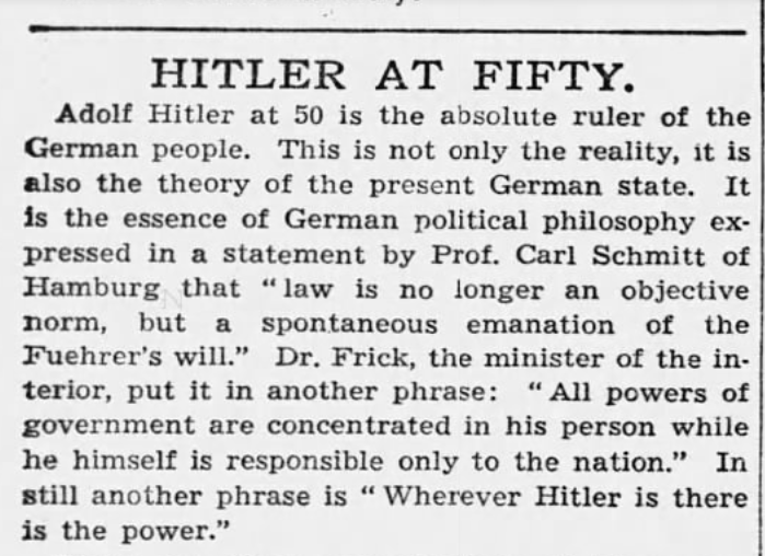PhilWMagness's tweet photo. Interesting article from the Chicago Tribune in 1939, reporting on Carl Schmitt's homage to Hitler. And yet there are some on the postliberal right who insist that Schmitt's Nazism was disingenuous... https://t.co/1SWkdug0rb