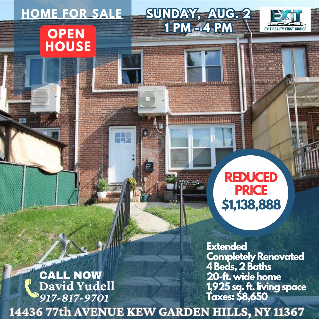 david_yudell's tweet photo. OPEN HOUSE this Sunday! Reduced price + New photos!  14436 77th Avenue Kew Garden Hills, NY Price reduced to $1,138,888 Sunday, Aug. 2, from 1PM-4PM   Fully renovated 4BE, 2BA! 1925 sq.ft. living space. Double driveway.  Call David Yudell at 917-817-9701 for details. #openhouse https://t.co/jaIkzTgVVA