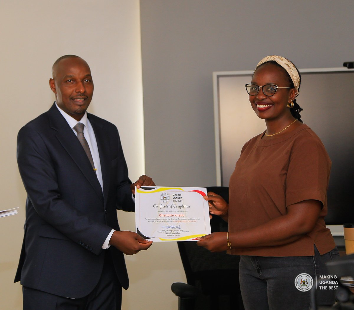 STIsecretariat's tweet photo. The Hon. Minister for Science, Technology and Innovation, Hon. Eng. Jonard Asiimwe Akiiki together with the STI Secretariat team, this evening presented completion certificates to the Ministry's Protégé team at the STI Secretariat Boardroom, marking the successful completion of a four-year mentorship and professional development programme under the guidance of senior scientists.

The ceremony celebrated the Protégés' contributions to Uganda's science, technology, and innovation agenda while providing an opportunity to reflect on their journey and discuss future collaboration in advancing research, innovation, and technology commercialization.

Congratulating the graduates, the Minister emphasized the importance of nurturing the next generation of scientists, noting that, "Investing in young scientific talent is investing in Uganda's future. I am confident you will continue transforming research into impactful products, enterprises, and industries that drive national development." Hon. Eng. Jonard Asiimwe Akiiki was quoted.

The Ministry commends the Protégés for their dedication, professionalism, and commitment throughout the programme and looks forward to their continued contribution to strengthening Uganda's science, technology, and innovation ecosystem.

#STIUganda