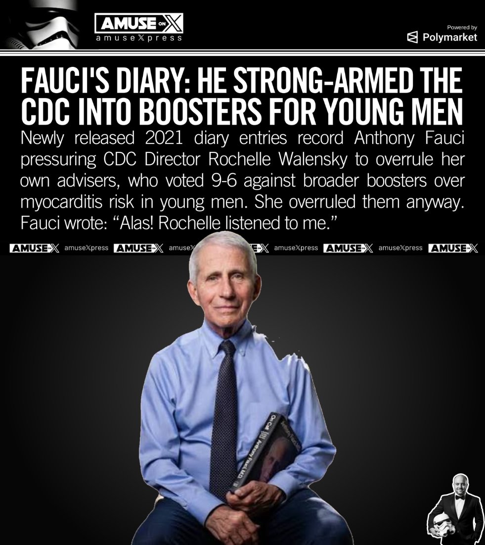 amuse's tweet photo. THE SCIENCE: Fauci knew COVID boosters put young men at risk of myocarditis and pushed for requiring them to take boosters despite the fact that he knew they were at almost ZERO risk from the virus.