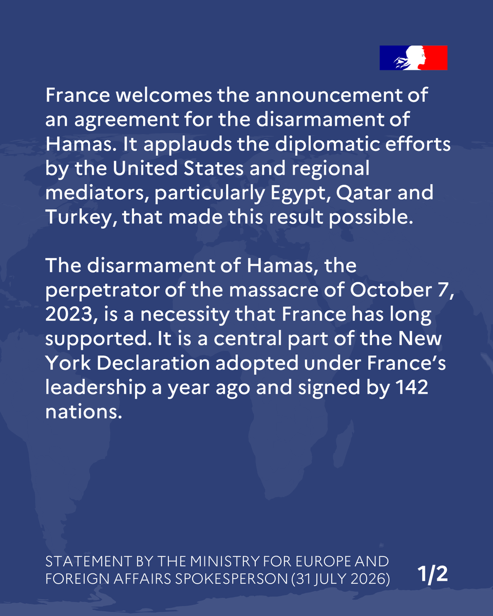 francediplo_EN's tweet photo. #Israel/ #Palestine | Announcement of Hamas disarmament agreement https://t.co/XPktZhogAi