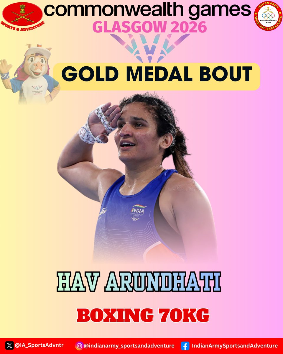 IA_SportsAdvntr's tweet photo. 8 #IndianArmy boxers  competing for gold 🥇for #India at the Commonwealth Games 2026.

31 July 2026, four boxers stormed into the finals:
Naib Subedar Preeti Panwar (54 kg)
Naib Subedar Jasmine (57 kg)
Havildar Arundhati (70 kg)
Havildar Ankush (80 kg)

A proud moment for the nation 🇮🇳.
Best wishes to the remaining boxers for their bouts—may they emerge victorious and join the finalists, keeping the Tricolour 🇮🇳 flying high.

#MissionOlympicsWing #Glasgow2026 
#Cheer4Bharat
#boxing

@adgpi 
@BFI_official
@NorthernComd_IA @easterncomd 
@westerncomd_IA
@SWComd_IA
@IaSouthern