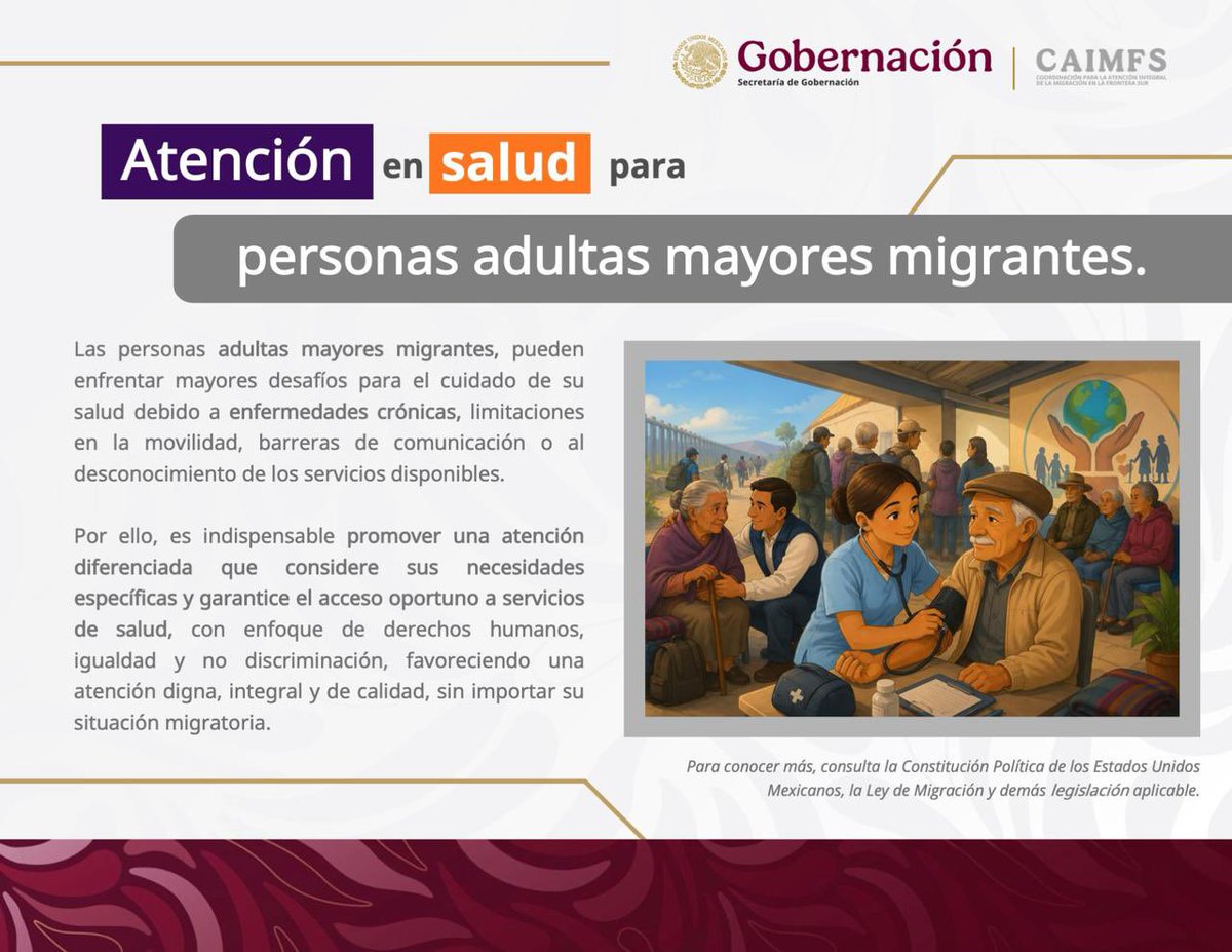 Hazaelruizo's tweet photo. En la Coordinación para la Atención Integral de la Migración en la Frontera Sur #CAIMFS, consideramos necesario promover una atención diferenciada para las #PersonasAdultasMayoresMigrantes, ya que enfrentan mayores desafíos en su tránsito por la #FronteraSur.

#MigraciónConDerechos #ProtecciónNNAMigrantes #JuventudesMigrantes