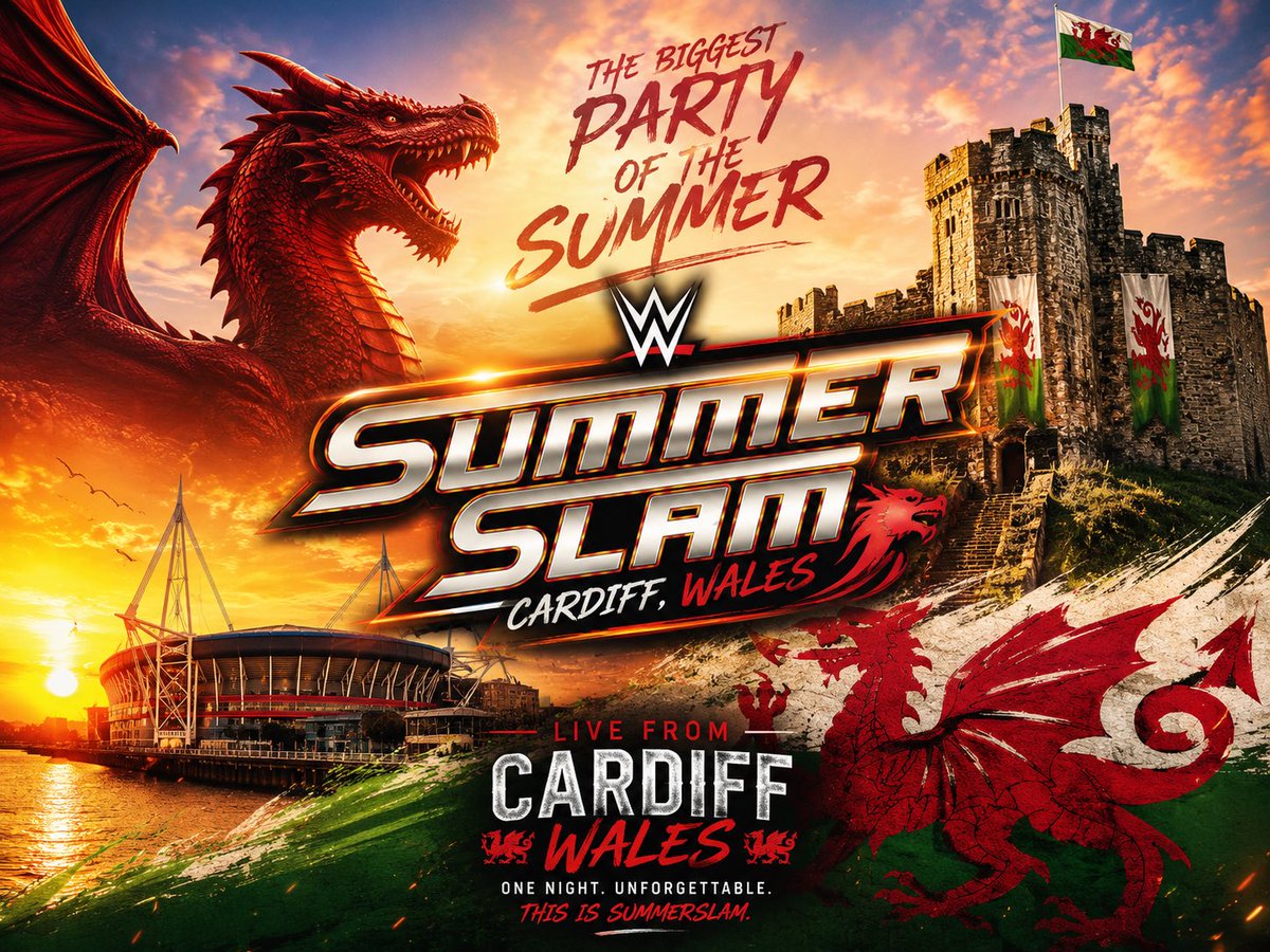 Connor_WWE_'s tweet photo. got bored so I asked AI to make a poster for Summerslam in Cardiff and I can’t get over how awesome it looks

#WWE
#Summerslam 
#WWERaw 
#Smackdown 
#Wrestlemania 
#RomanReigns
#BrockLesnar
#ObaFemi
#UK https://t.co/Jp8KAzKy3r