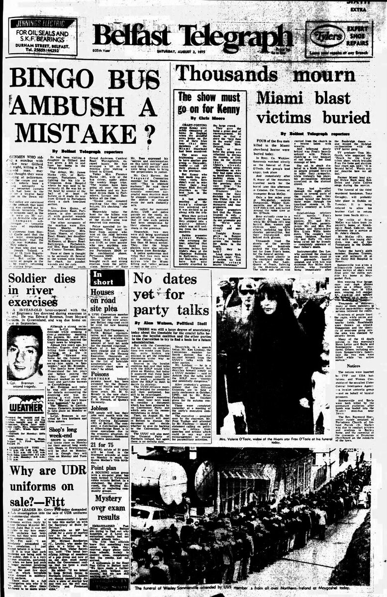Hannyhas's tweet photo. #Remembered 31/7/1975, Fran 0`Toole, 27,  Brian McCoy, 33, (Protestant) &amp; Tony Geraghty, 23. Musicians with The Miami Showband murdered (shot) by UVF terrorists. Their minibus was stopped at night on A1, Newry, (Banbridge-Dublin) Bomb being planted exploded. 2 murderers died #OTD https://t.co/xScuPTQ3rd