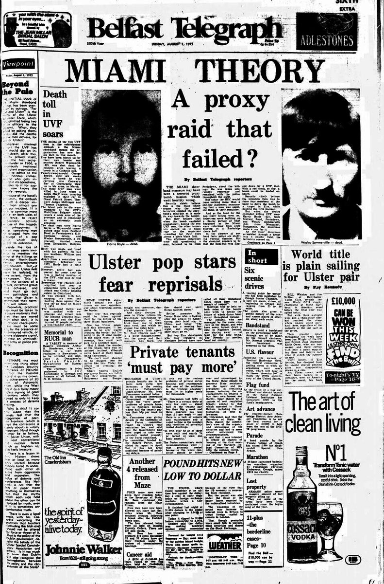 Hannyhas's tweet photo. #Remembered 31/7/1975, Fran 0`Toole, 27,  Brian McCoy, 33, (Protestant) &amp; Tony Geraghty, 23. Musicians with The Miami Showband murdered (shot) by UVF terrorists. Their minibus was stopped at night on A1, Newry, (Banbridge-Dublin) Bomb being planted exploded. 2 murderers died #OTD https://t.co/xScuPTQ3rd