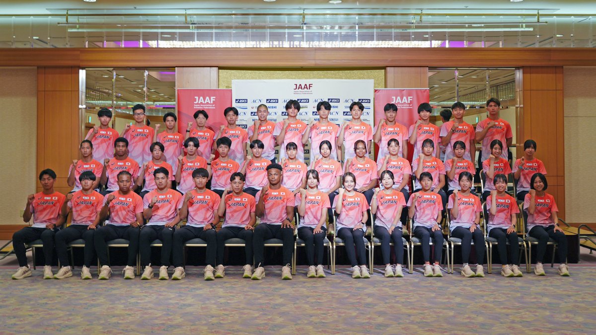 jaaf_official's tweet photo. /／
【#U20世界選手権】
日本代表選手団🇯🇵結団式
\＼

アメリカ🇺🇸オレゴンで8/5（水）開幕です🎉
男子27名、女子16名の
U20チームJAPANが世界を舞台に躍動します✨

ご声援をよろしくお願いします🙌

✅大会ページ
https://t.co/CUytjWw9Vx

#陸上 #U20日本代表 #JAAF https://t.co/LE6EDc7C4G