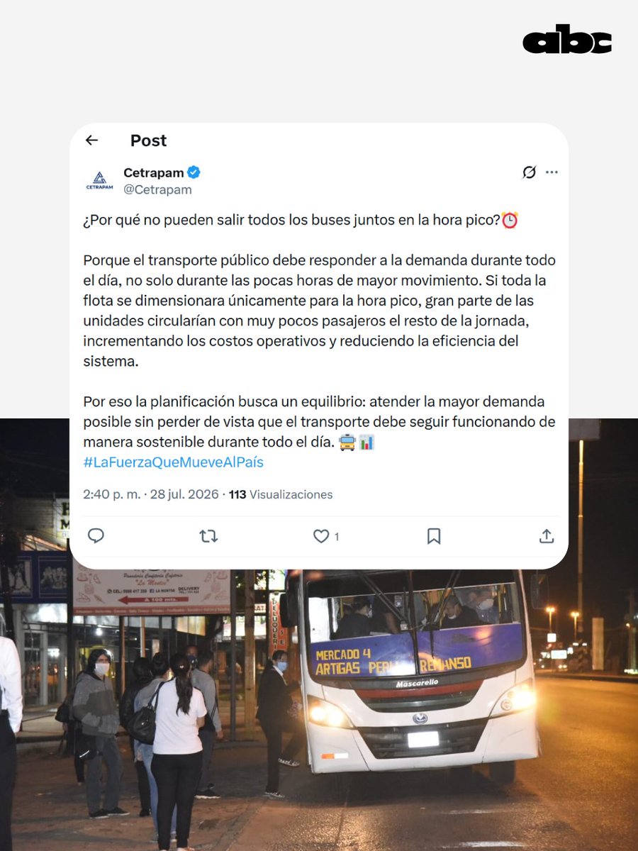 ABCDigital's tweet photo. 🚌 Las reguladas del transporte público siguen afectando a miles de usuarios.

🔸Pasajeros denuncian esperas de hasta más de una hora para subir a un bus.

📌 A pesar de las promesas, declaraciones y supuestos números en que se sostienen los empresarios del transporte, el servicio no da abasto. 

👇 ¿Cuánto tiempo esperás normalmente? 

📱 Leé la info completa en https://t.co/QhRvCFbNHb