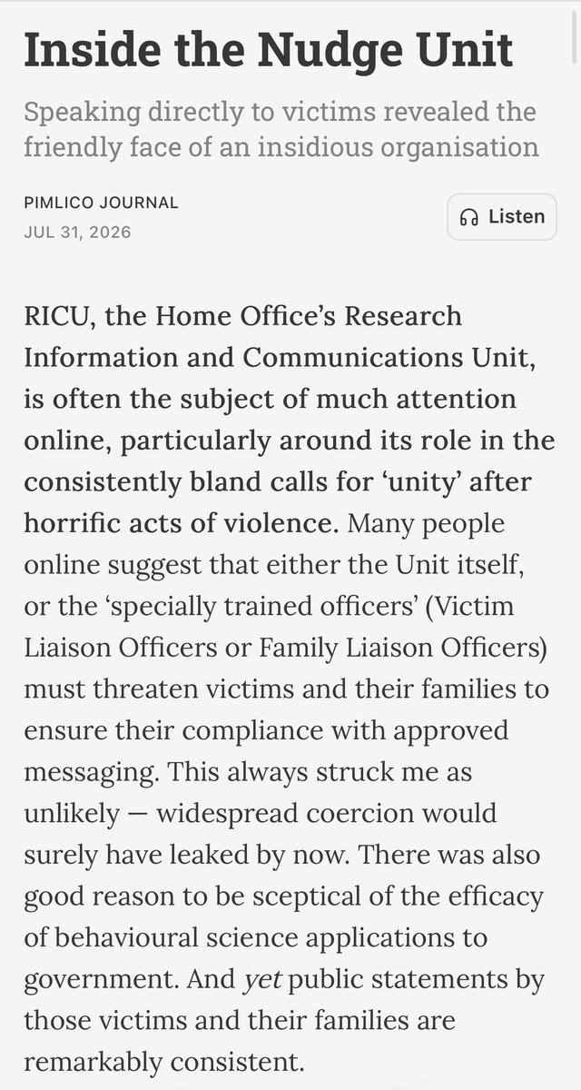 ShipleyWrites's tweet photo. How does RICU, the “nudge unit” work, and how do they use victim and family liaison officers to “control the narrative”? 

I’ve spent the last few months trying to find out - and what I’ve discovered is worse and more subtle than you’d imagine. 

(Link below) https://t.co/Ic5o33w7fn