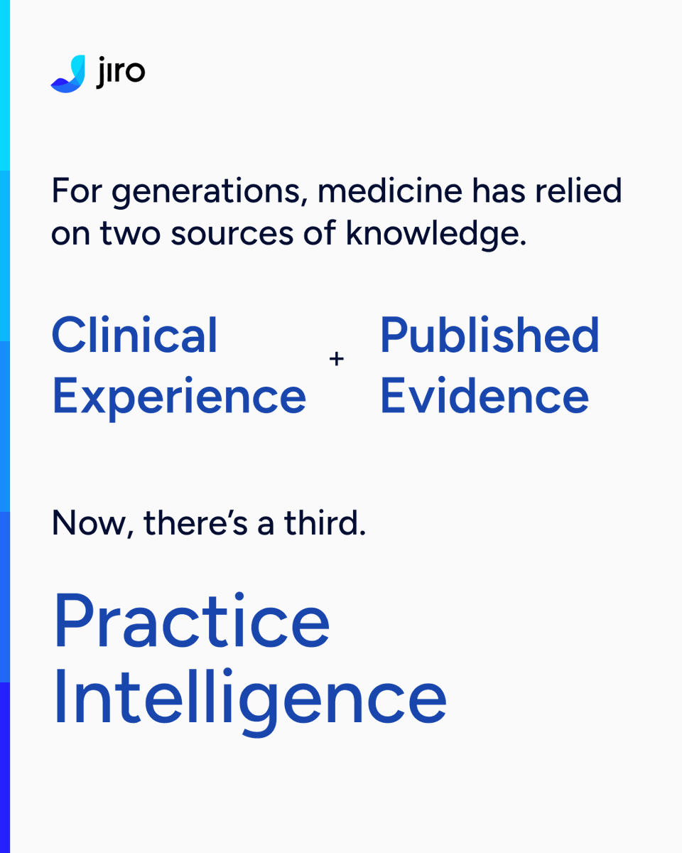 JiroHealth's tweet photo. Clinicians have long relied on experience and published evidence.

Jiro unlocks a third source of knowledge: the real-world data tied to their own practice, transformed into clinical, operational and financial insight.

We call it Practice Intelligence.

#AIinHealthcare https://t.co/QT7VIBvaA2