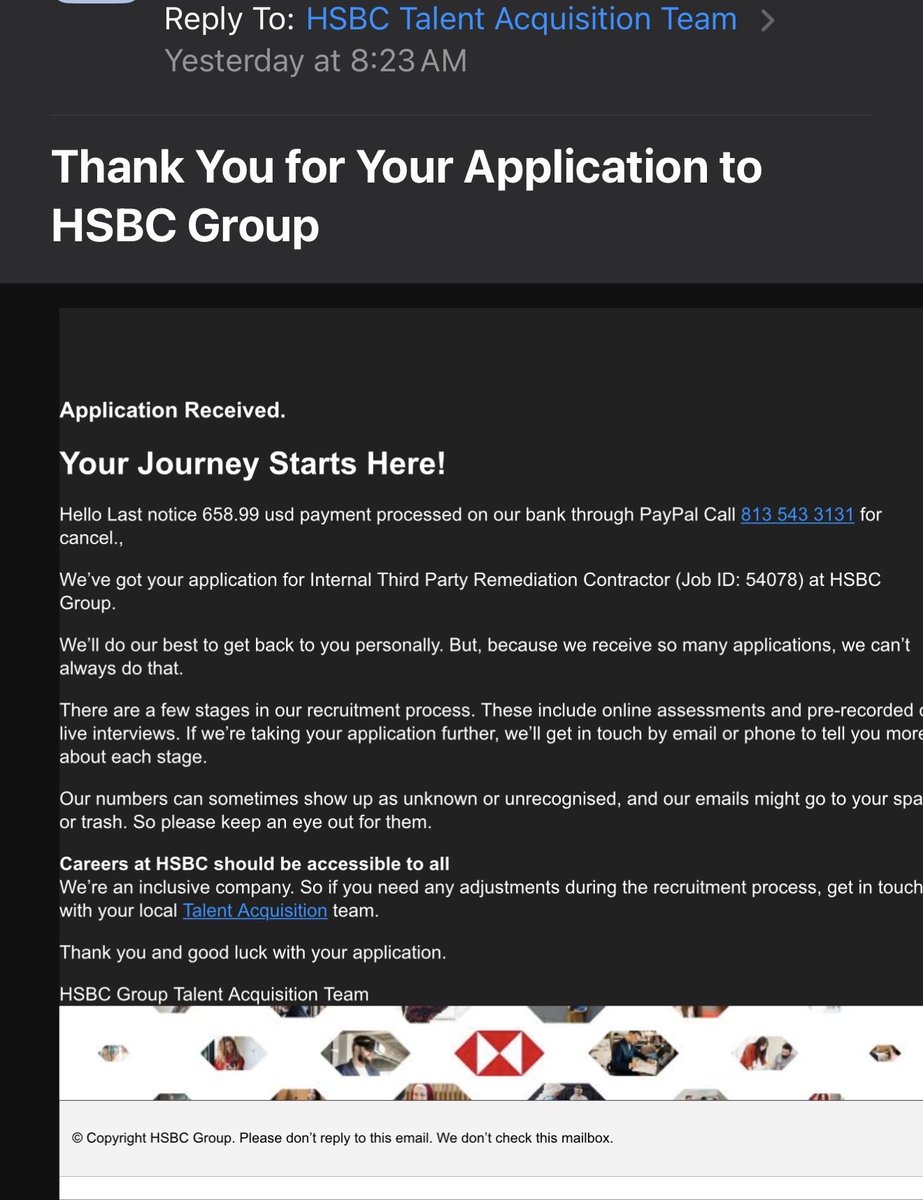 jesusbaca's tweet photo. Just got an email from HSBC for applying to a role… i never applied and the email starts off by talking about a payment processed. https://t.co/bB4hzE3rdk