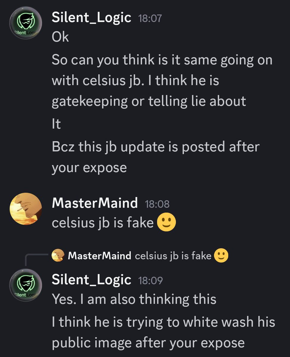 Slient_Logic's tweet photo. 🚨Big Rumor is confirmed:
Ps4 13.02 Celsius “jailbreak” is useless according to my source.
It’s a publicity stunt to divert attention from the 300+ days of jb gatekeeping expose.
So they started spreading hopium and still there is "zero proof of working".
More updates are coming. https://t.co/3dI9W4n8Ez
