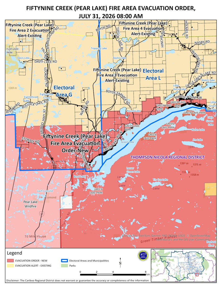 CaribooRD's tweet photo. Cariboo Regional District has issued an Evacuation Order for Fiftynine Creek (Pear Lake) Fire Area due to the C40983 Pear Lake Fire. Online Map: https://t.co/VyDeT6WbKX Visit https://t.co/nE7qCdnm57 more info. https://t.co/Gtx6TMdjkR