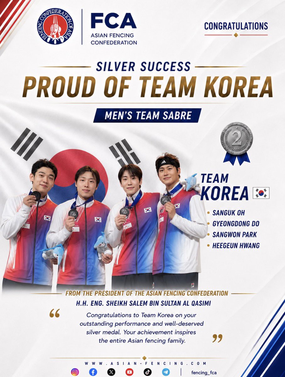 FcaFencing's tweet photo. Silver with pride! 🥈🇰🇷
Congratulations to Team Korea on an outstanding performance in the Men’s Team Sabre event. Your dedication and excellence continue to inspire Asian fencing. 👏🤺

#AsianFencing #FCA #Fencing #TeamKorea #Sabre #WorldChampionships https://t.co/rJrM2jbwPx