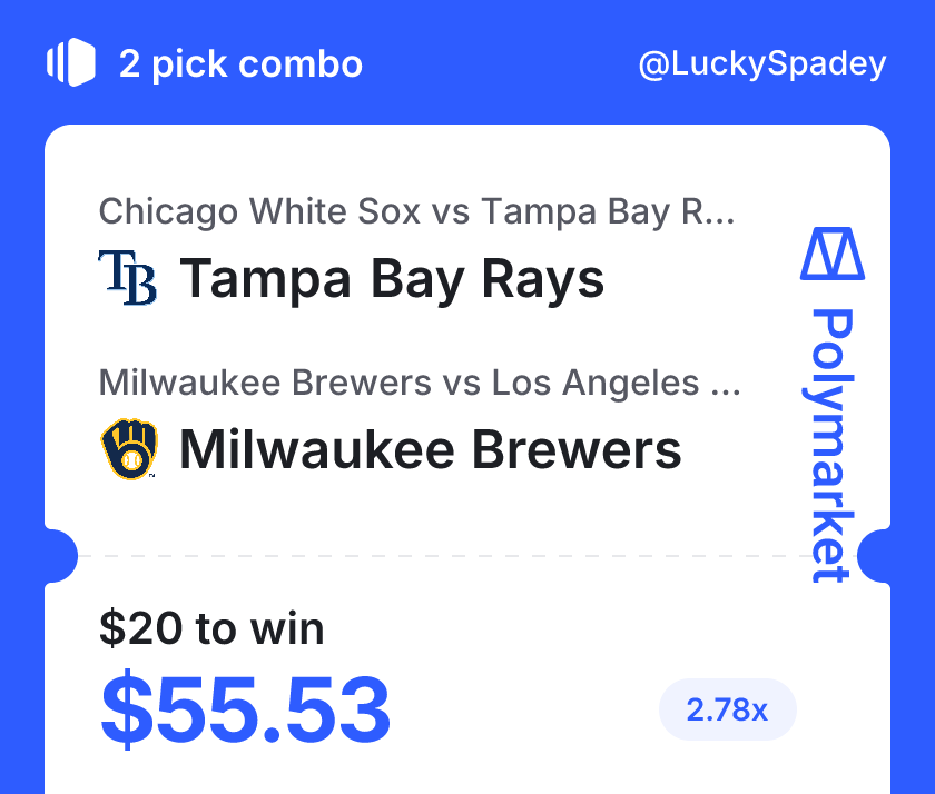 LuckySpadey's tweet photo. 2-pick combo is in ⚾

Rays ML ✅
Brewers ML ✅
$20 to win $55.53 at 2.78x.

Two straight-up sides, keeping it simple and letting the games play out.

Let’s cash it.

#MLB https://t.co/Xy8ew4ObVZ