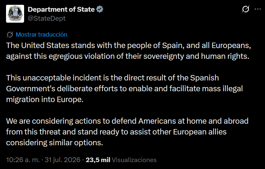 EmmaRincon's tweet photo. 🚨ÚLTIMA HORA 

El Departamento de Estado se solidariza con el pueblo español por la invasión islámica y responsabiliza directamente al gobierno de @sanchezcastejon por "sus esfuerzos deliberados para permitir y facilitar la migración ilegal a Europa" https://t.co/Zc3oa8IFRC
