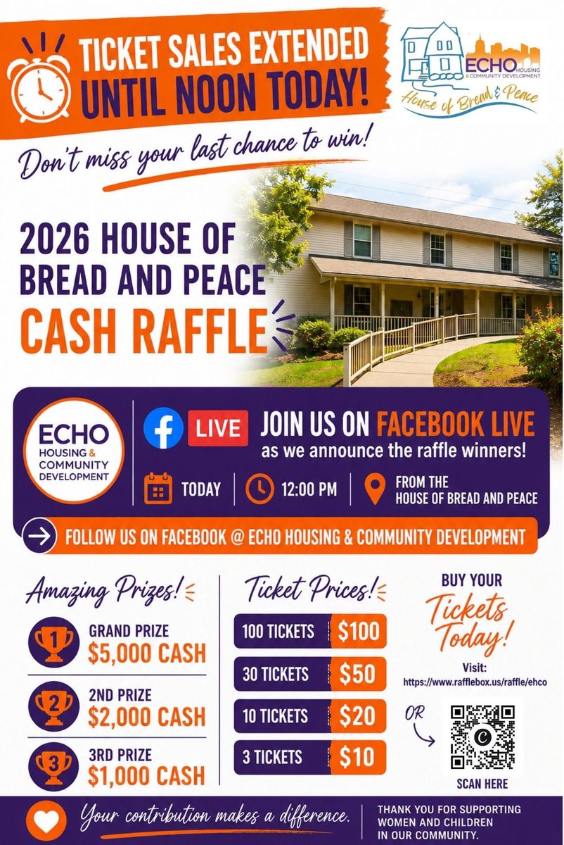 Coachmun's tweet photo. Raffle ends at 11:00am central time
Purchase your tickets now, then join us LIVE on Facebook at 12:00 PM as we announce our winners from the House of Bread and Peace!
💵 Prizes:🥇 $5,000 Cash🥈 $2,000 Cash🥉 $1,000 Cash

🎟️ Get your tickets: https://t.co/c0EQdo9zxu https://t.co/gNtOuIWAXe