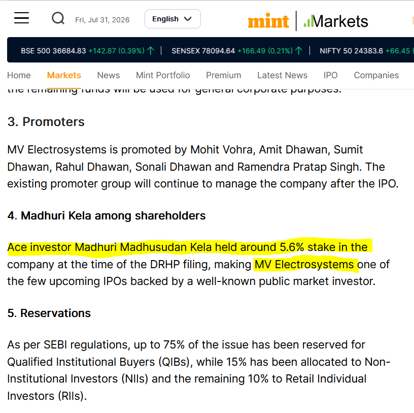 RakJhun's tweet photo. Madhu Kela holds 5.6% stake in MV Electrosystems. IPO is oversubscribed 12x. GMP 30%. Co makes Propulsion Equipment for Railways. Significant entry barriers. Order book is ₹921.64 Cr (18.6x of FY26 revenue). TAM is ₹19797 Cr. Loss ₹13 Cr in FY26. Favorable turnaround candidate https://t.co/fGeowgOkIU